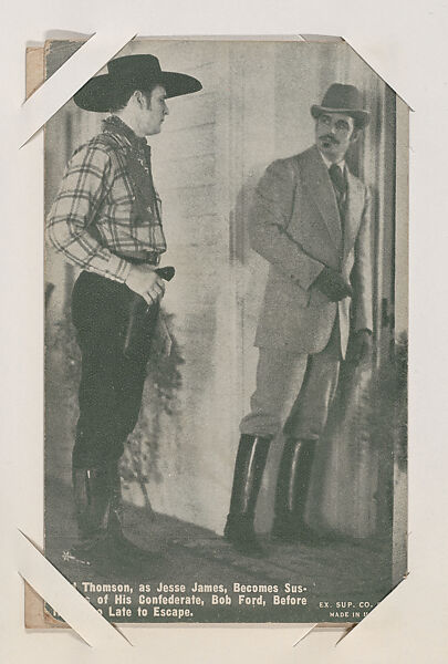 Fred Thomson, as Jesse James, Becomes Suspicious of His Confederate, Bob Ford, Before it is too Late to Escape from Western Stars or Scenes Exhibit Cards series (W412), Exhibit Supply Company, Commercial color photolithograph 