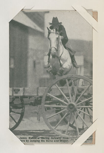 Jesse James Makes a Daring Getaway from Captors by Jumping His Horse over Wagon from Western Stars or Scenes Exhibit Cards series (W412), Exhibit Supply Company, Commercial color photolithograph 