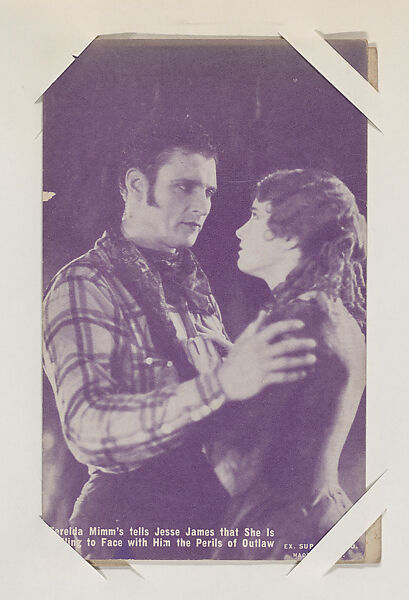 Zerelda Mimm's tells Jesse James that She is Willing to Face with Him the Perils of Outlaw from Western Stars or Scenes Exhibit Cards series (W412), Exhibit Supply Company, Commercial color photolithograph 