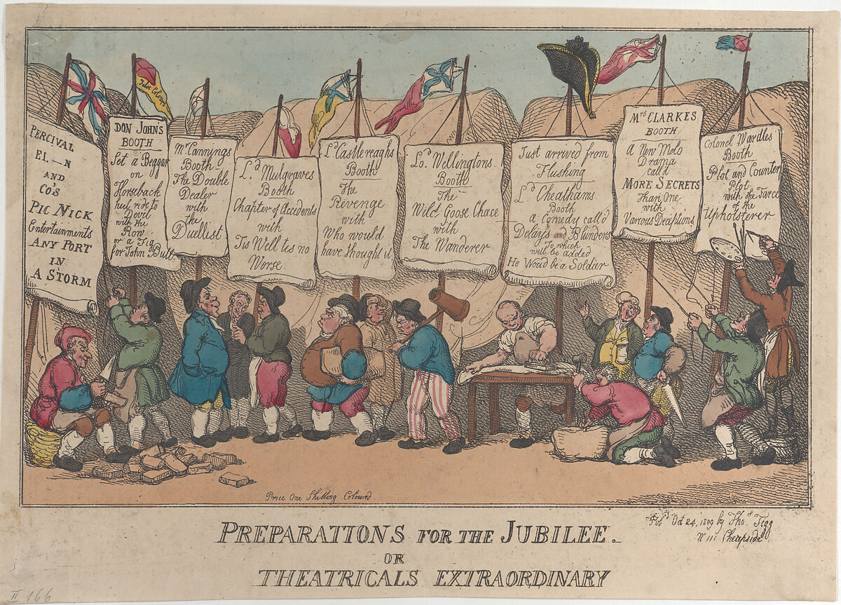 Preparations for the Jubilee or Theatricals Extraordinary, Thomas Rowlandson (British, London 1757–1827 London), Hand-colored etching 