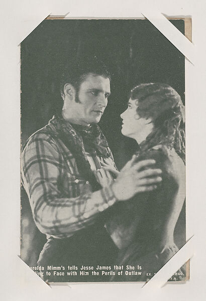 Zerelda Mimm's tells Jesse James that She is Willing to Face with Him the Perils of Outlaw from Western Stars or Scenes Exhibit Cards series (W412), Exhibit Supply Company, Commercial color photolithograph 