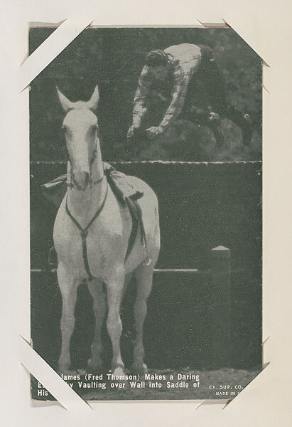 Jesse James (Fred Thomson) Makes a Daring Escape by Vaulting over Wall into Saddle of His Horse from Western Stars or Scenes Exhibit Cards series (W412), Exhibit Supply Company, Commercial color photolithograph 
