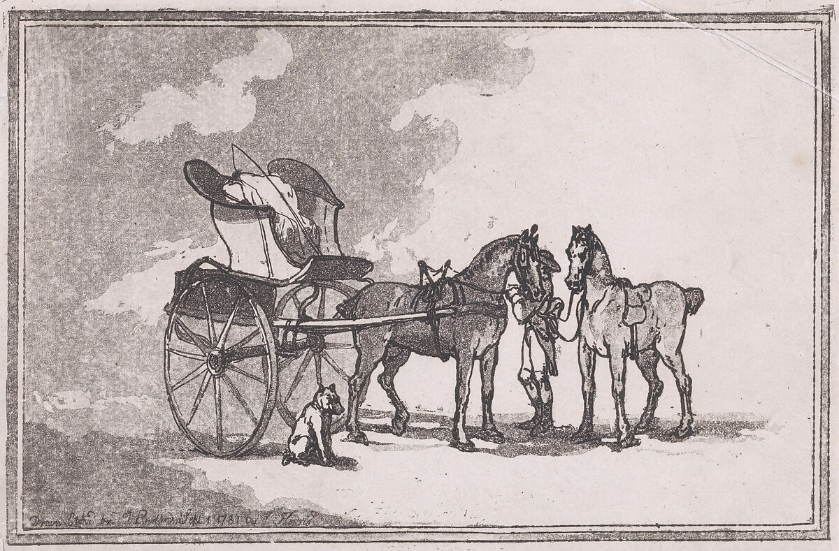 A Cabriolet or Curricle with a Man Holding Two Horses (A Post Chaise), Thomas Rowlandson (British, London 1757–1827 London), Etching and aquatint 