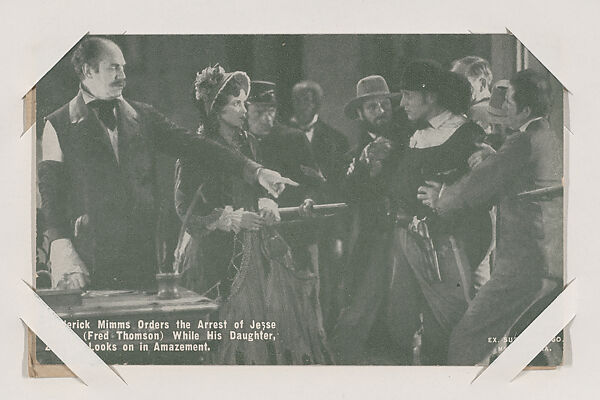 Frederick Mimms Orders the Arrest of Jesse James (Fred Thomson) While his Daughter, Zerelda, Looks on in Amazement from Western Stars or Scenes Exhibit Cards series (W412), Exhibit Supply Company, Commercial color photolithograph 