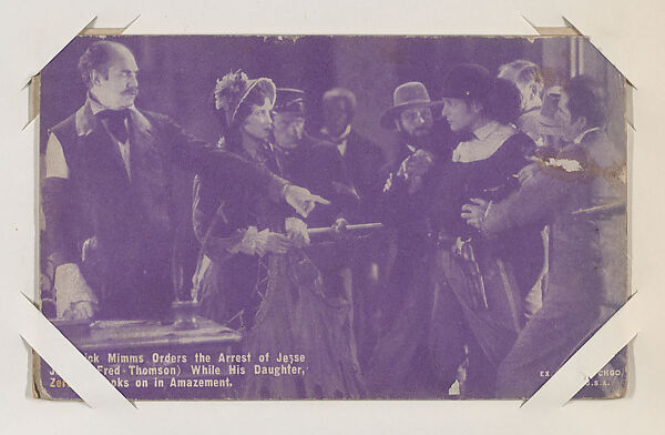 Frederick Mimms Orders the Arrest of Jesse James (Fred Thomson) While his Daughter, Zerelda, Looks on in Amazement from Western Stars or Scenes Exhibit Cards series (W412), Exhibit Supply Company, Commercial color photolithograph 