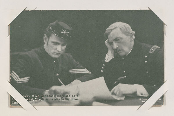 Jesse James (Fred Thomson) Disguised as a Union Sergeant "Explains" a Map to the Union General from Western Stars or Scenes Exhibit Cards series (W412), Exhibit Supply Company, Commercial color photolithograph 