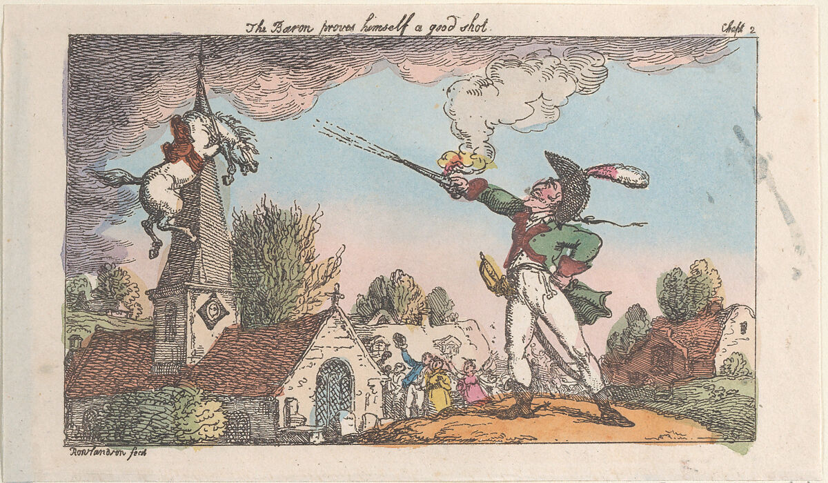 The Baron proves himself a good shot, Thomas Rowlandson (British, London 1757–1827 London), Hand-colored etching; reissue 