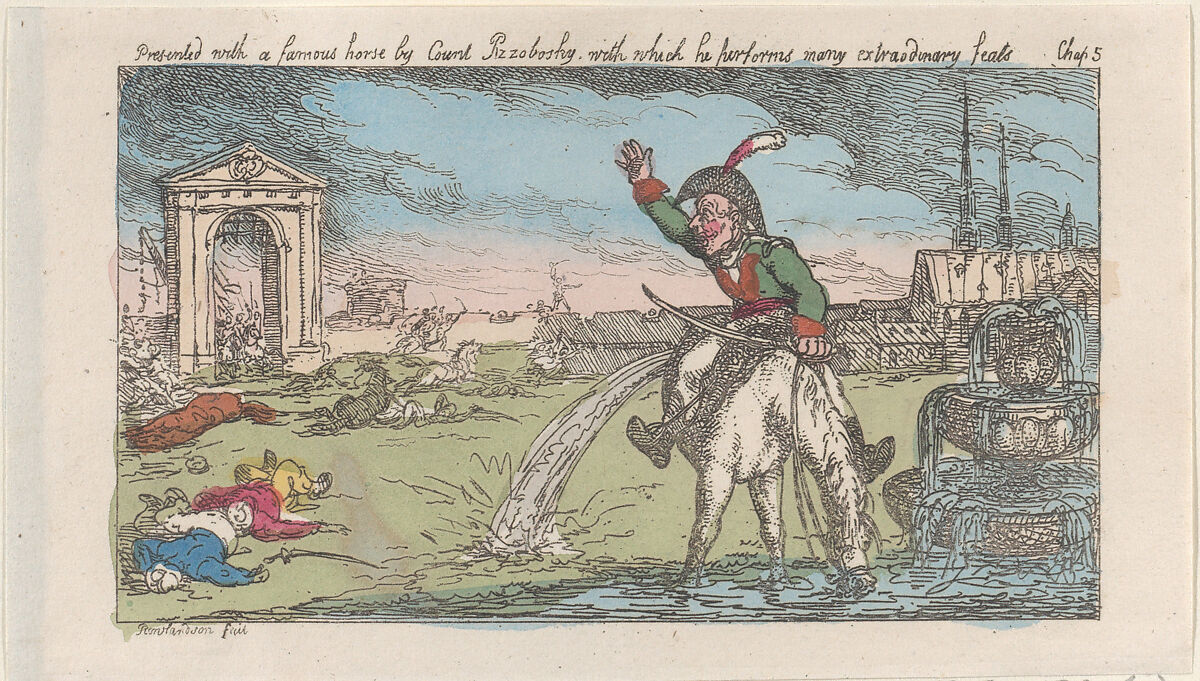 Presented with a famous horse by Count Przolossky, with which he performs many extraordinary feats, Thomas Rowlandson (British, London 1757–1827 London), Hand-colored etching; reissue 