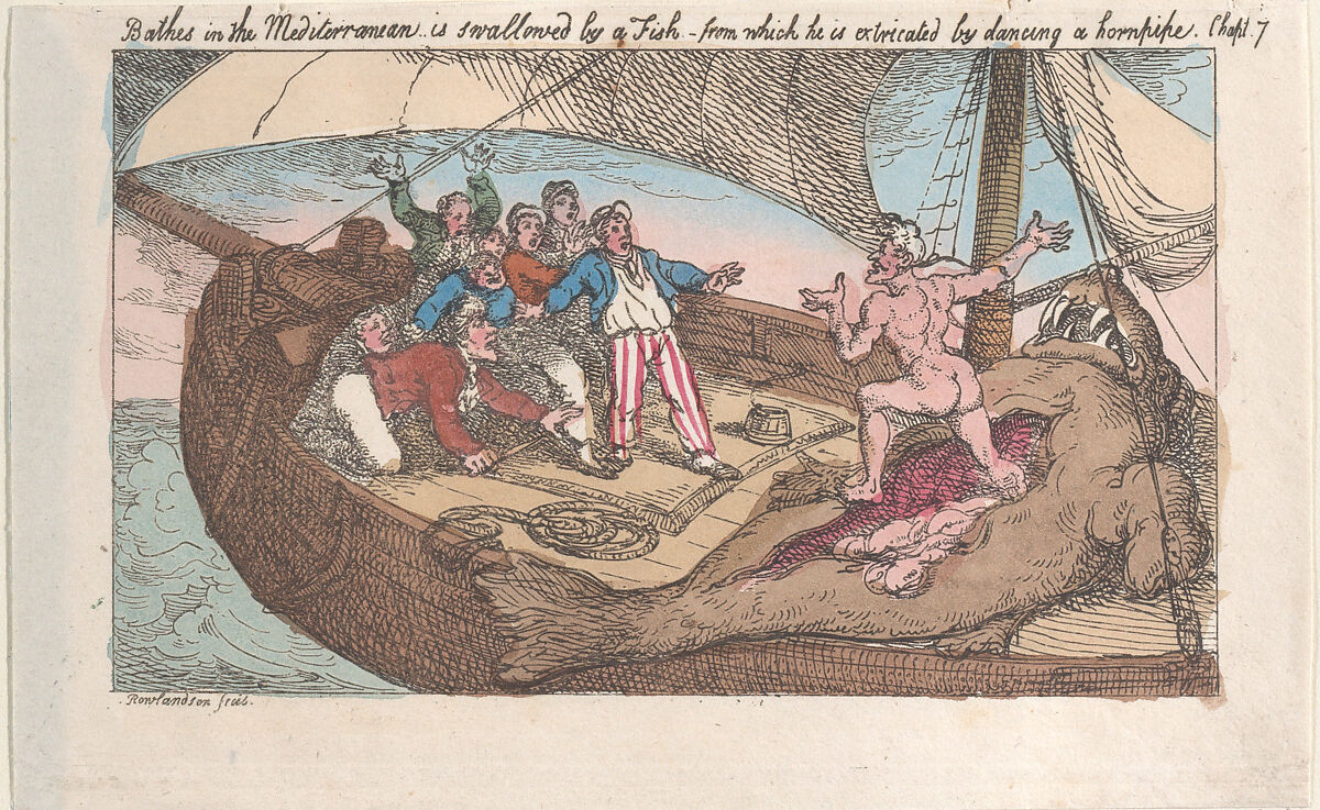 Bathes in the Mediterranean, is swallowed by a fish, from which he is extricated by dancing a hornpipe, Thomas Rowlandson (British, London 1757–1827 London), Hand-colored etching; reissue 