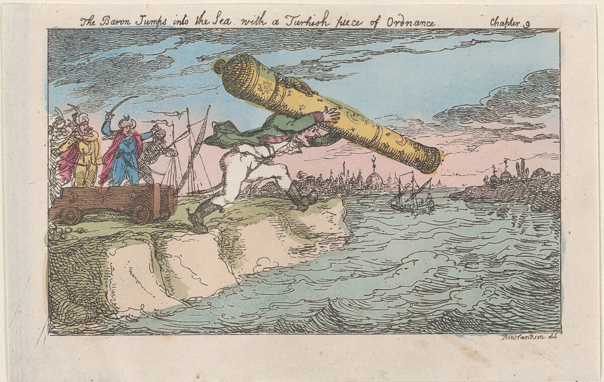 The Baron Jumps into the Sea with a Turkish piece of Ordnance, Thomas Rowlandson (British, London 1757–1827 London), Hand-colored etching; reissue 