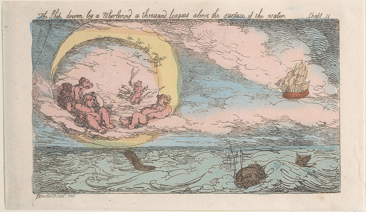 The Ship, driven by a Whirlwind, a thousand leagues above the surface of the water, Thomas Rowlandson (British, London 1757–1827 London), Hand-colored etching; reissue 