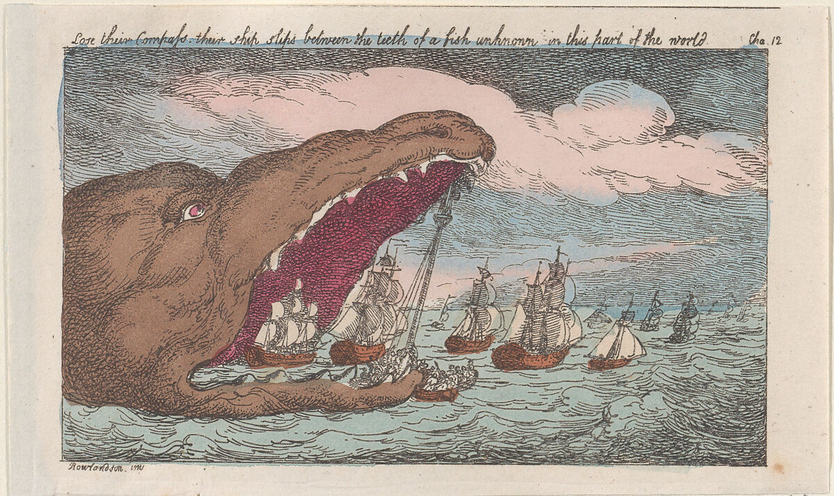 Lose their Compass, their ships slips between the teeth of a fish unknown in this part of the world, Thomas Rowlandson (British, London 1757–1827 London), Hand-colored etching; reissue 
