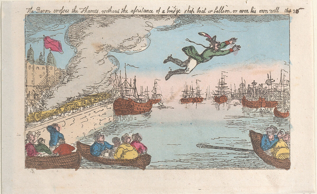 The Baron crosses the Thames without the assistance of a bridge, ship, boat, or balloon, or even his own will, Thomas Rowlandson (British, London 1757–1827 London), Hand-colored etching; reissue 