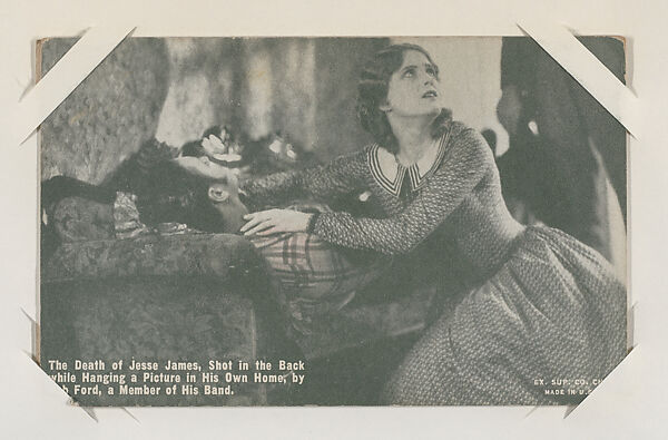 The Death of Jesse James, Shot in the Back while Hanging a Picture in His Own Home, by Bob Ford, a Member of His Band from Western Stars or Scenes Exhibit Cards series (W412), Exhibit Supply Company, Commercial color photolithograph 