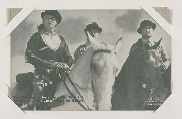 Fred Thomson, as Jesse James, Bob Ford, and His Brother, Frank James Watch the Battle's Progress from Western Stars or Scenes Exhibit Cards series (W412), Exhibit Supply Company, Commercial color photolithograph 