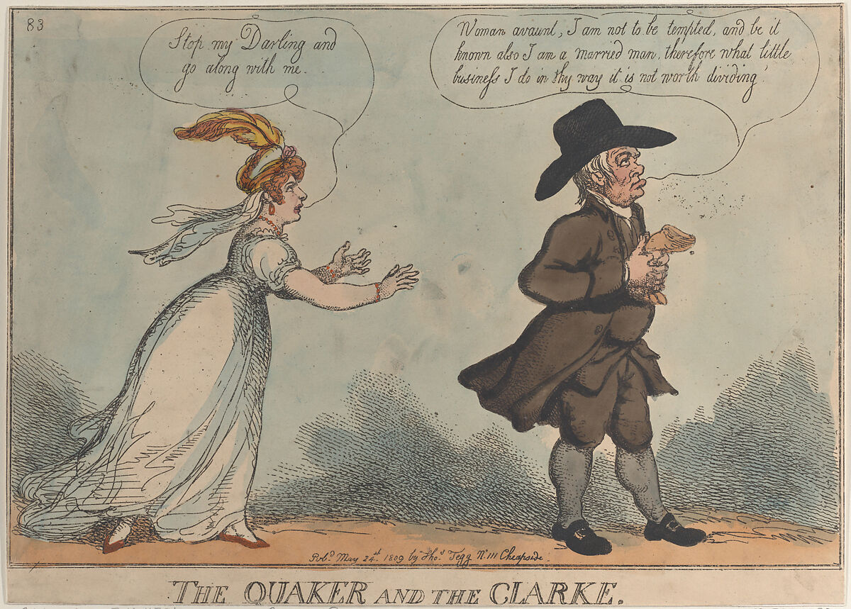 The Quaker and the Clarke, Thomas Rowlandson (British, London 1757–1827 London), Hand-colored etching 