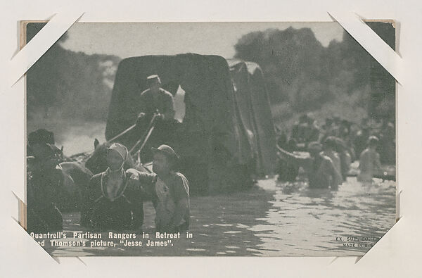Quantrell's Partisan Rangers in Retreat in Fred Thomson's picture "Jesse James" from Western Stars or Scenes Exhibit Cards series (W412), Exhibit Supply Company, Commercial color photolithograph 