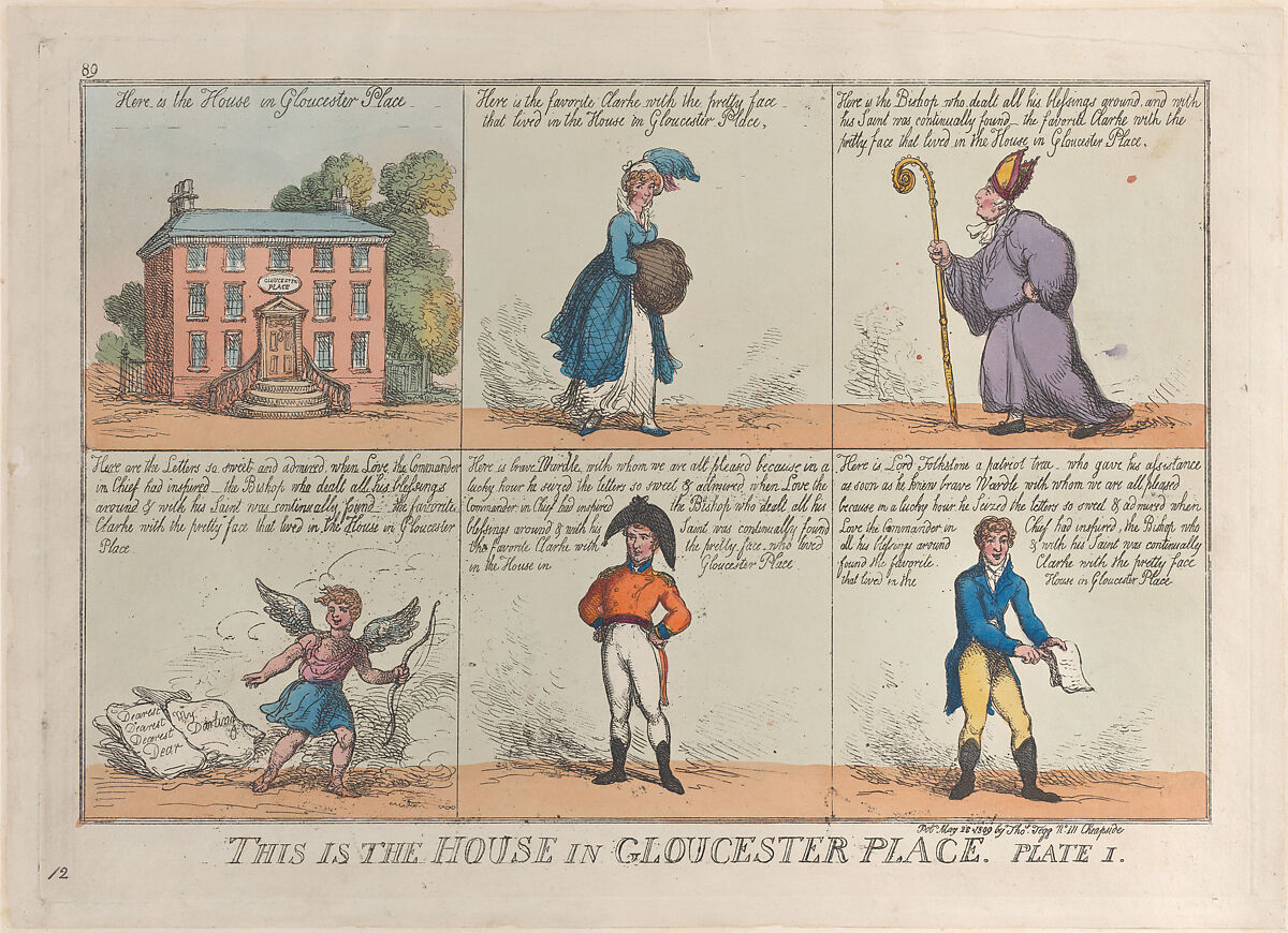 This is the House in Gloucester Place, Plate 1, Thomas Rowlandson (British, London 1757–1827 London), Hand-colored etching 