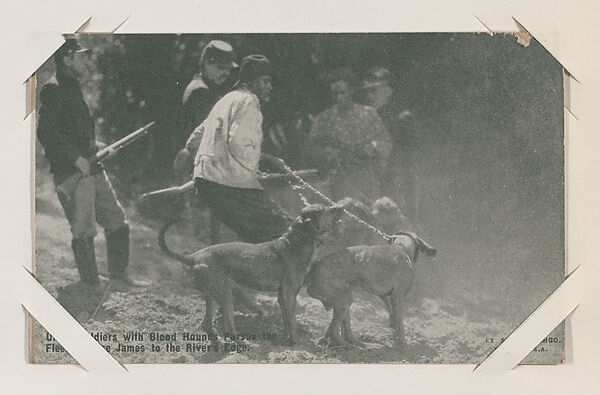 Union Soldiers with Blood Hounds Pursue the Fleeing Jesse James to the River's Edge from Western Stars or Scenes Exhibit Cards series (W412), Exhibit Supply Company, Commercial color photolithograph 