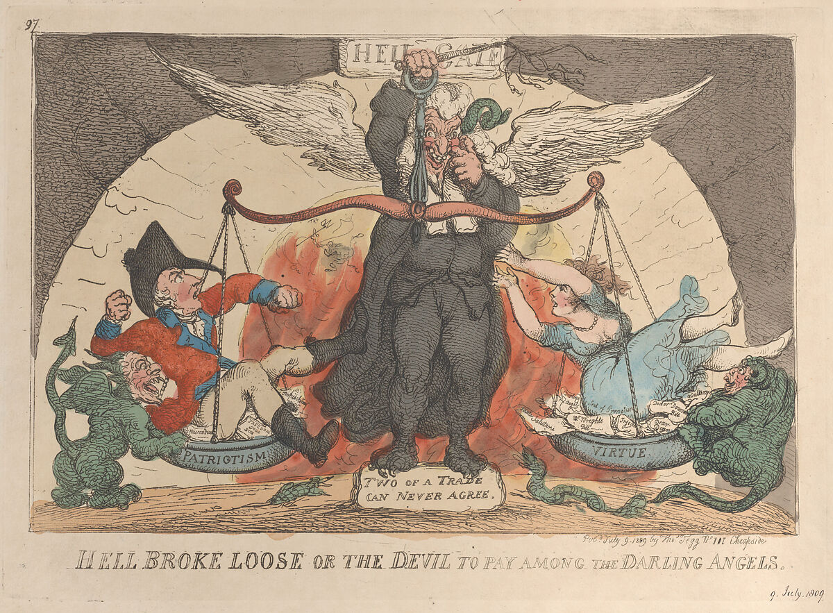 Hell Broke Loose, or the Devil to Pay Among the Darling Angels, Thomas Rowlandson (British, London 1757–1827 London), Hand-colored etching 