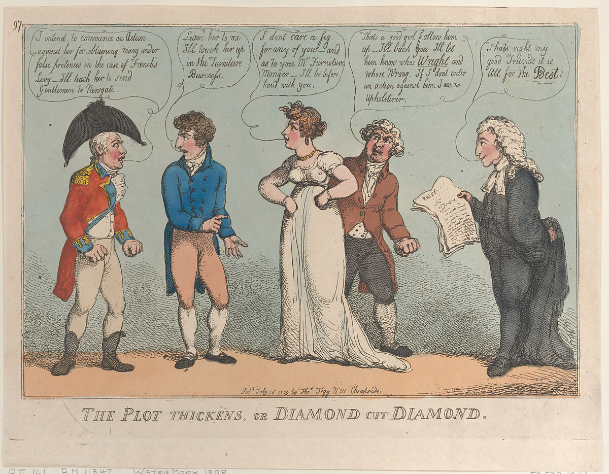 The Plot Thickens, or Diamond Cut Diamond, Thomas Rowlandson (British, London 1757–1827 London), Hand-colored etching 