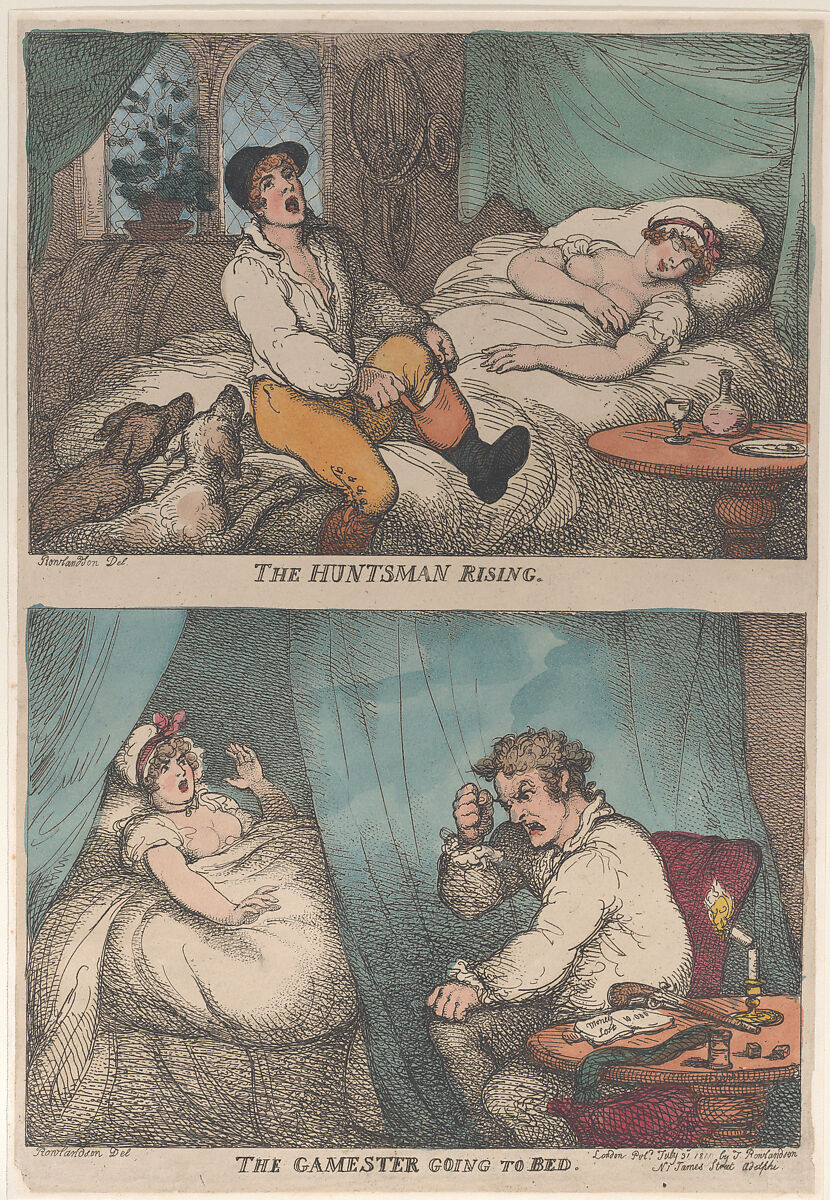 The Huntsman Rising; The Gamester Going to Bed, Thomas Rowlandson (British, London 1757–1827 London), Hand-colored etching; reissue 