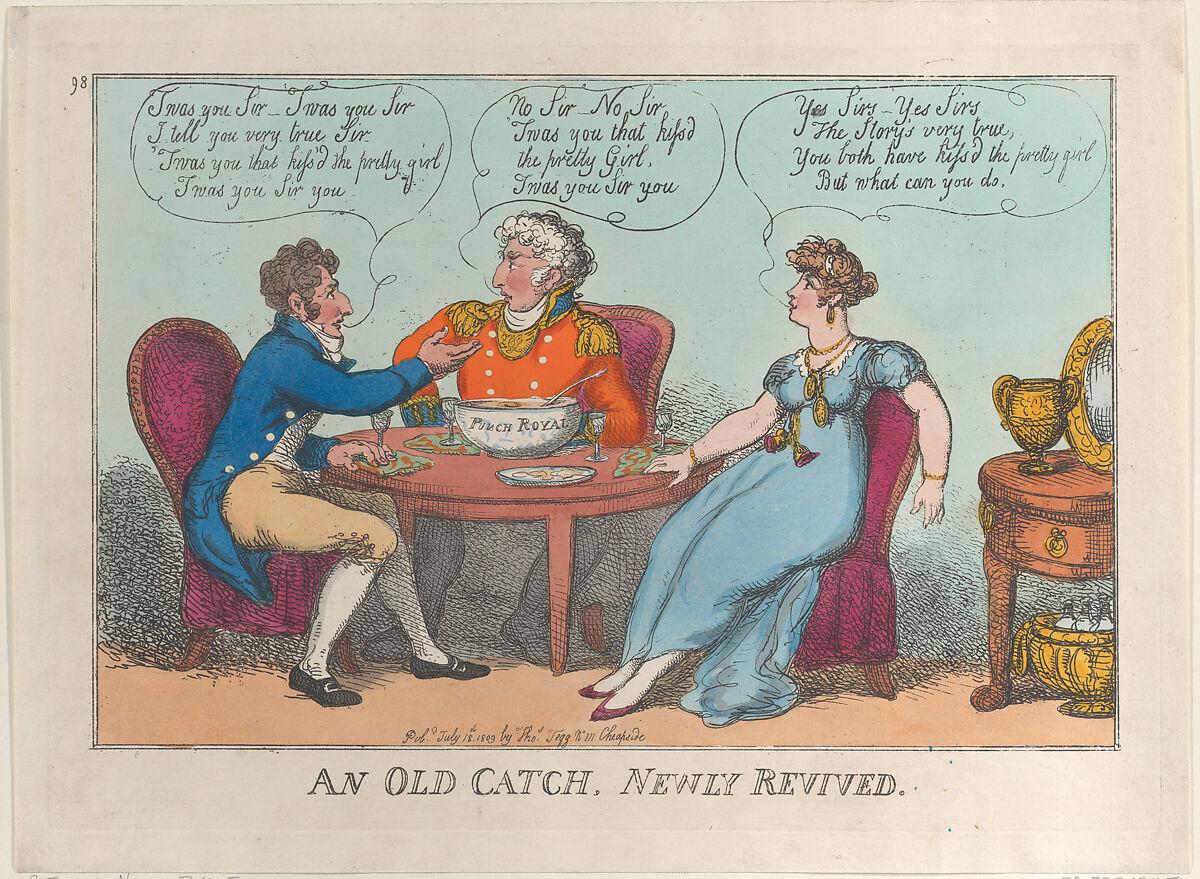 An Old Catch, Newly Revived, Thomas Rowlandson (British, London 1757–1827 London), Hand-colored etching 
