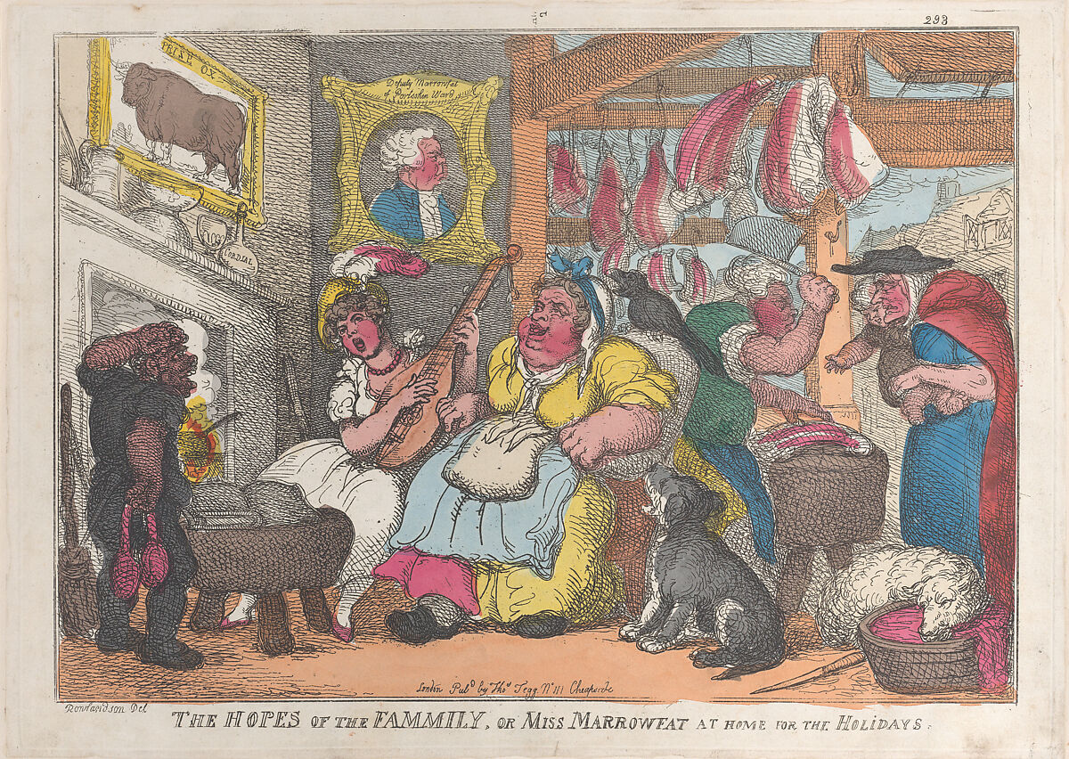 The Hopes of the Family, or Miss Marrowfat at Home for the Holidays, Thomas Rowlandson (British, London 1757–1827 London), Hand-colored etching 