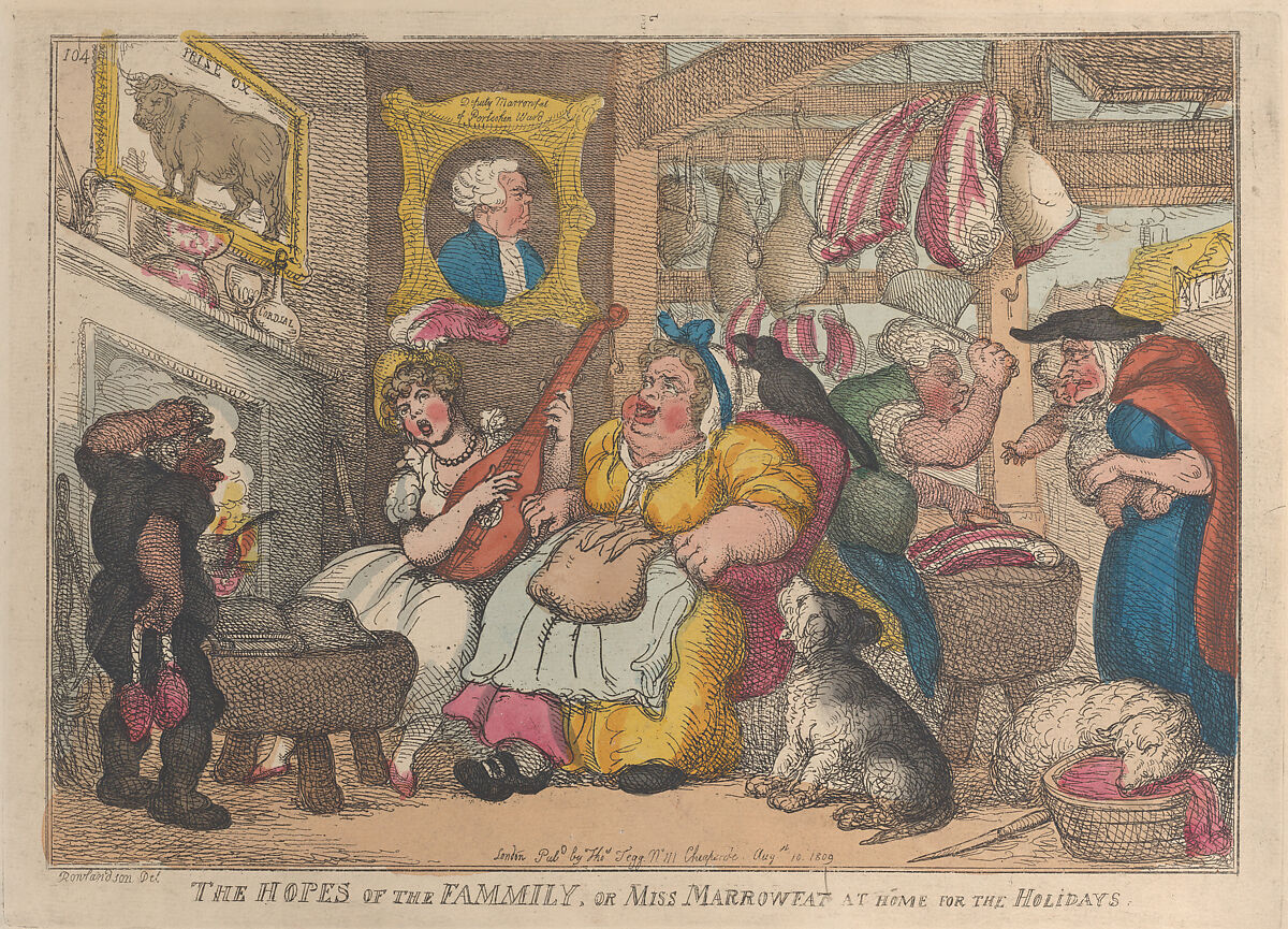 The Hopes of the Family, or Miss Marrowfat at Home for the Holidays, Thomas Rowlandson (British, London 1757–1827 London), Hand-colored etching 
