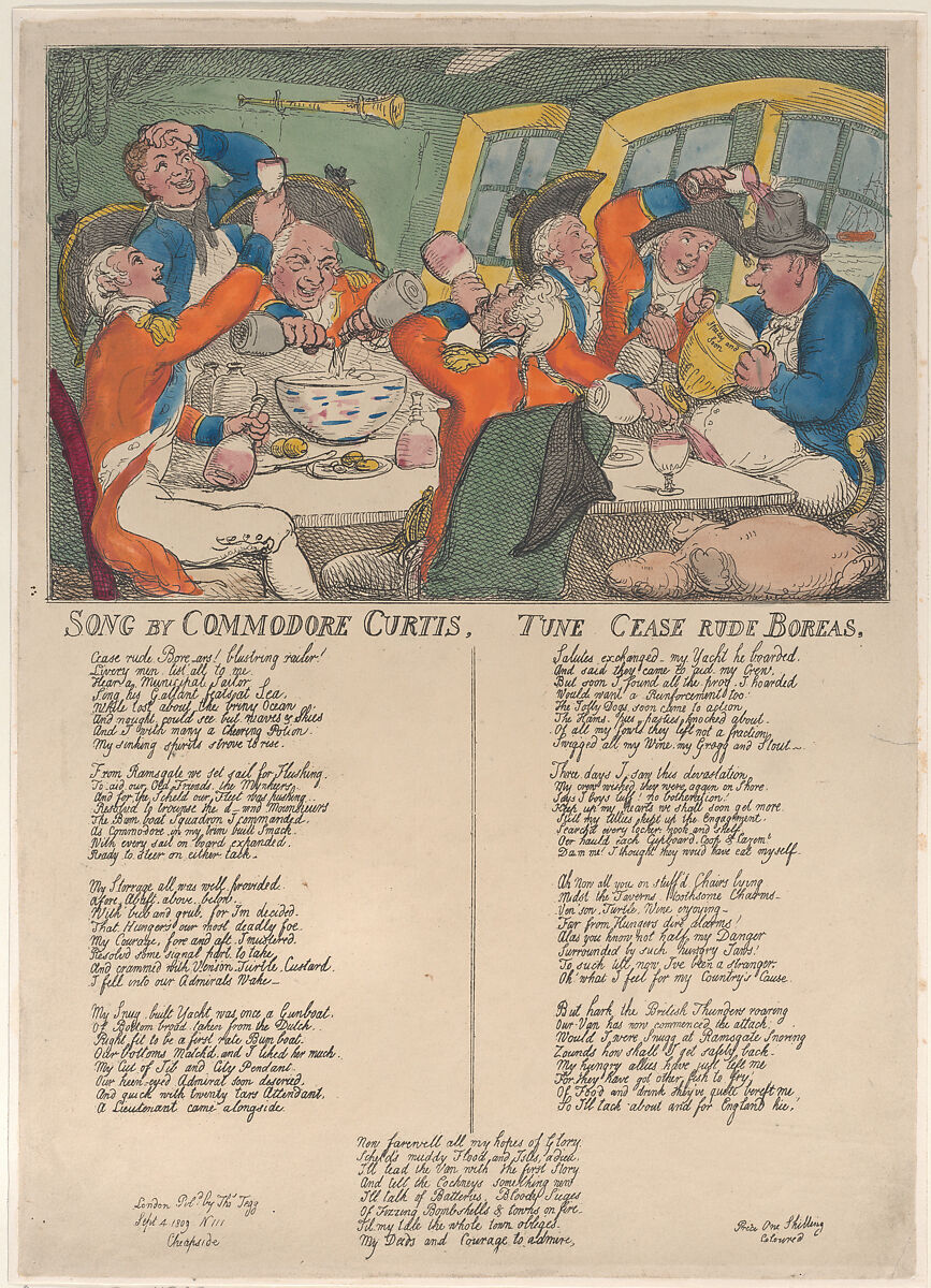 Song by Commodore Curtis. Tune Cease Rude Boreas., Thomas Rowlandson (British, London 1757–1827 London), Hand-colored etching 