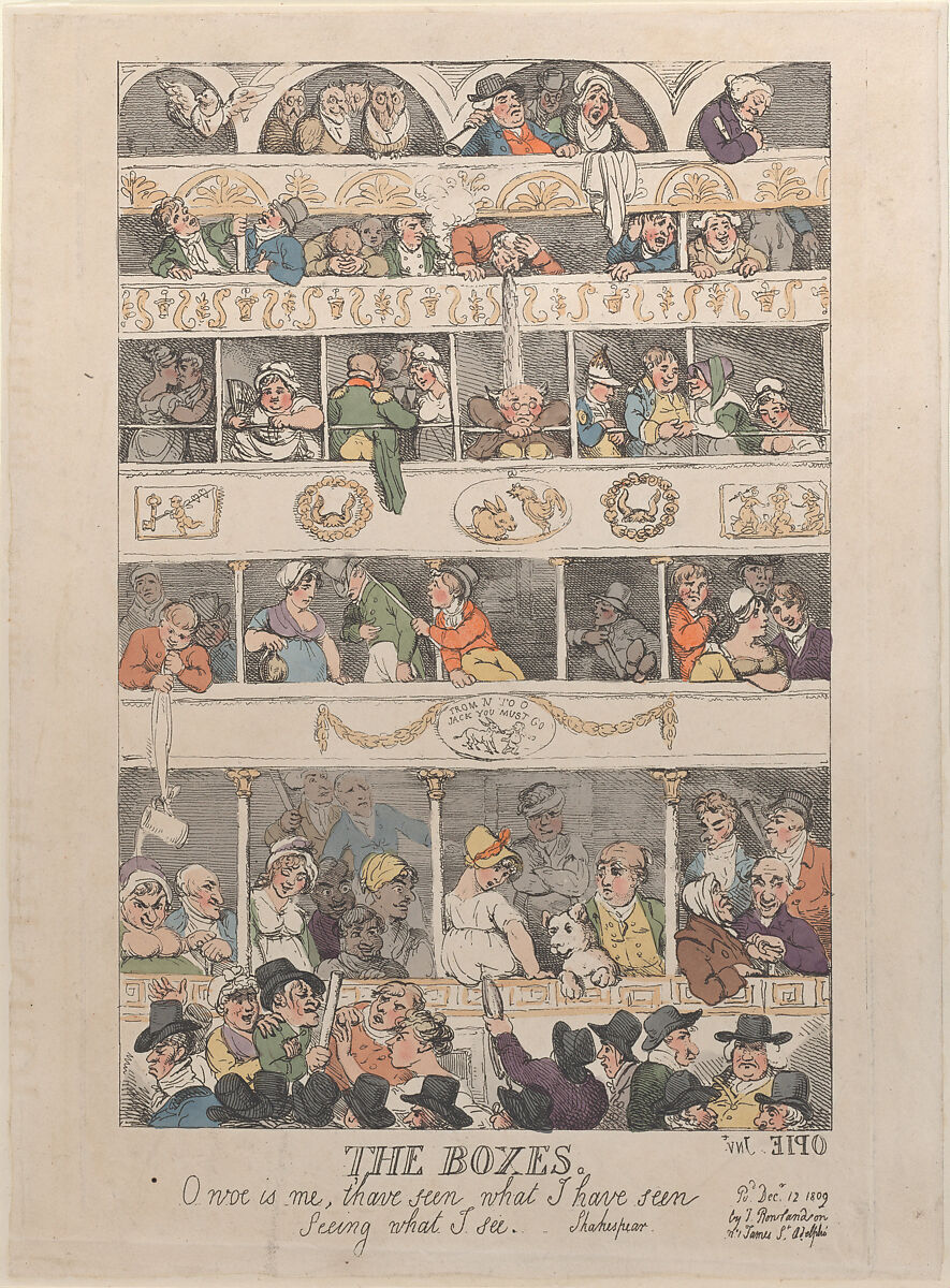 The Boxes, Thomas Rowlandson (British, London 1757–1827 London), Hand-colored etching 