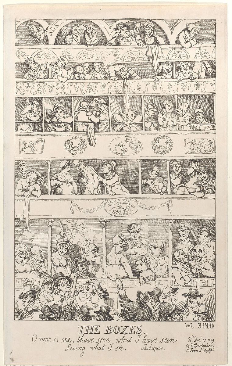 The Boxes, Thomas Rowlandson (British, London 1757–1827 London), Hand-colored etching