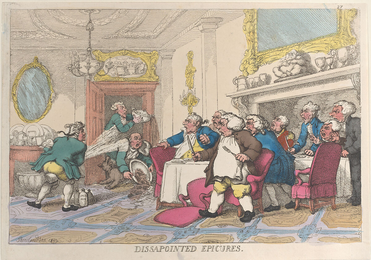 Disappointed Epicures, Thomas Rowlandson (British, London 1757–1827 London), Hand-colored etching 