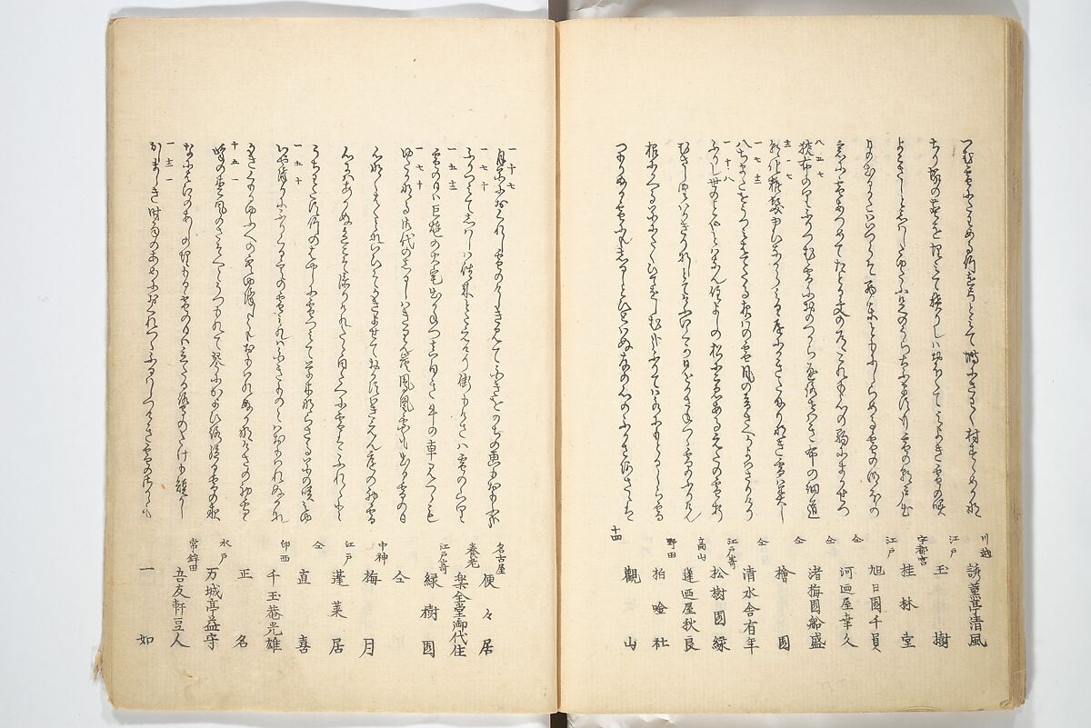 Collected Thirty-six Kyōka Poets (Kyōka roku roku shū) 興歌六々集, Totoya Hokkei 魚屋北渓 (Japanese, 1780–1850), Woodblock printed book; ink and color on paper, Japan