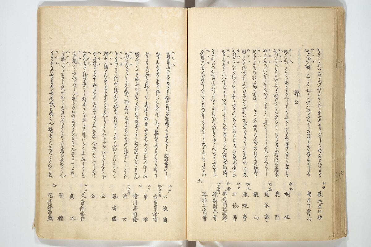 Collected Thirty-six Kyōka Poets (Kyōka roku roku shū) 興歌六々集, Totoya Hokkei 魚屋北渓 (Japanese, 1780–1850), Woodblock printed book; ink and color on paper, Japan