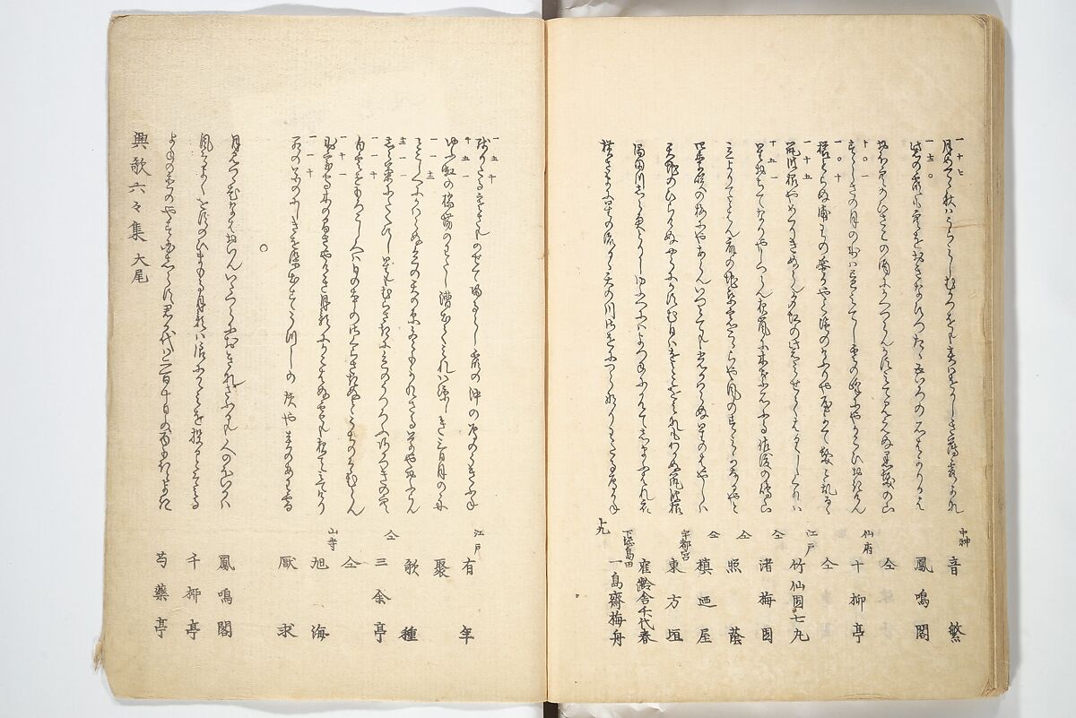 Collected Thirty-six Kyōka Poets (Kyōka roku roku shū) 興歌六々集, Totoya Hokkei 魚屋北渓 (Japanese, 1780–1850), Woodblock printed book; ink and color on paper, Japan