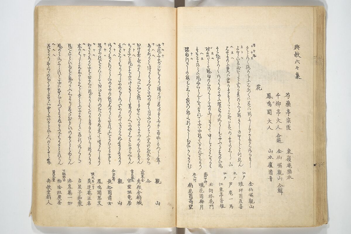 Collected Thirty-six Kyōka Poets (Kyōka roku roku shū) 興歌六々集, Totoya Hokkei 魚屋北渓 (Japanese, 1780–1850), Woodblock printed book; ink and color on paper, Japan