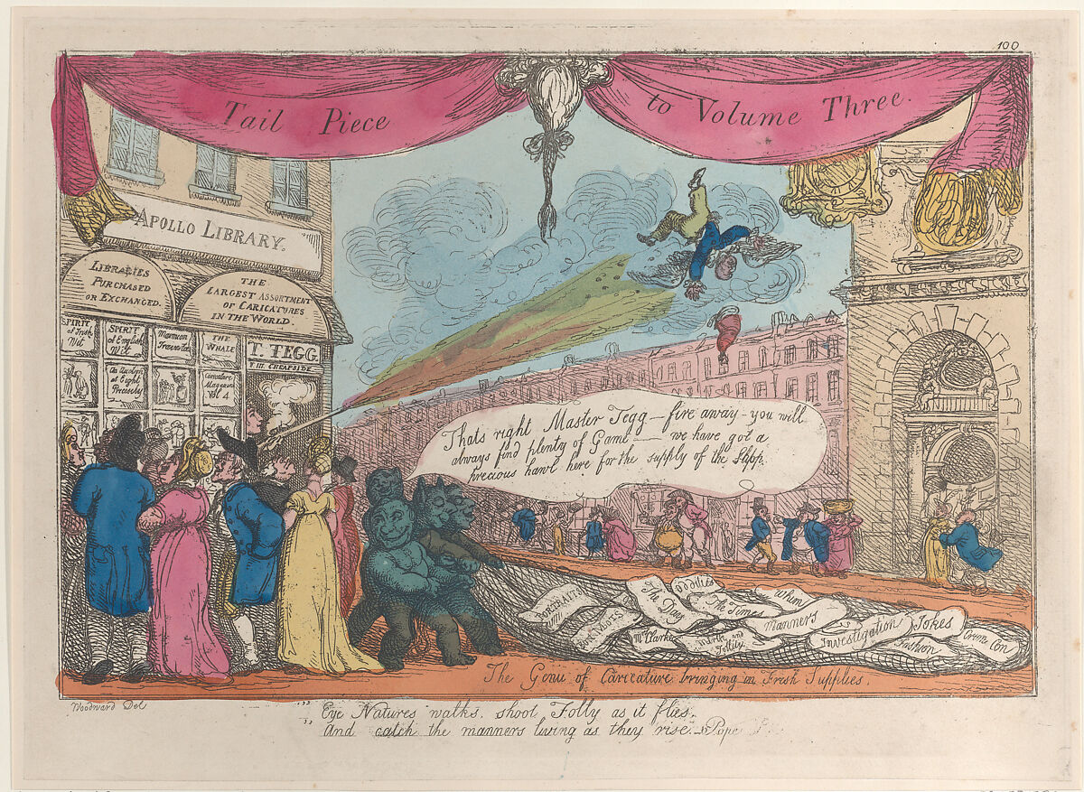 Tail Piece to Volume Three: The Genii of Caricature Bringing in Fresh Supplies, Thomas Rowlandson (British, London 1757–1827 London), Hand-colored etching 