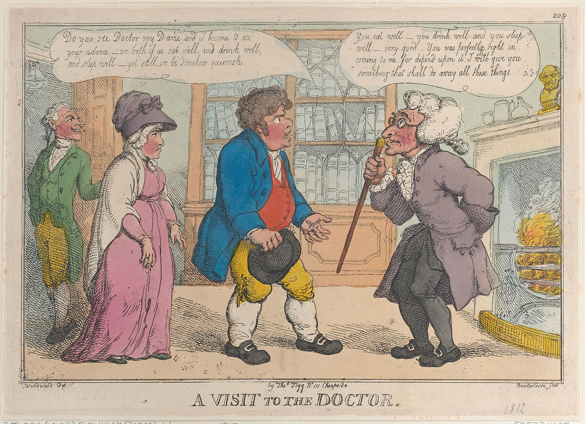 A Visit to the Doctor, Thomas Rowlandson (British, London 1757–1827 London), Hand-colored etching; reprint 