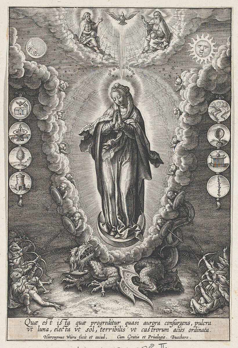 The Virgin with the Symbols of the Lauretanian Litany, Hieronymus (Jerome) Wierix (Netherlandish, ca. 1553–1619 Antwerp), Engraving; second state of two 