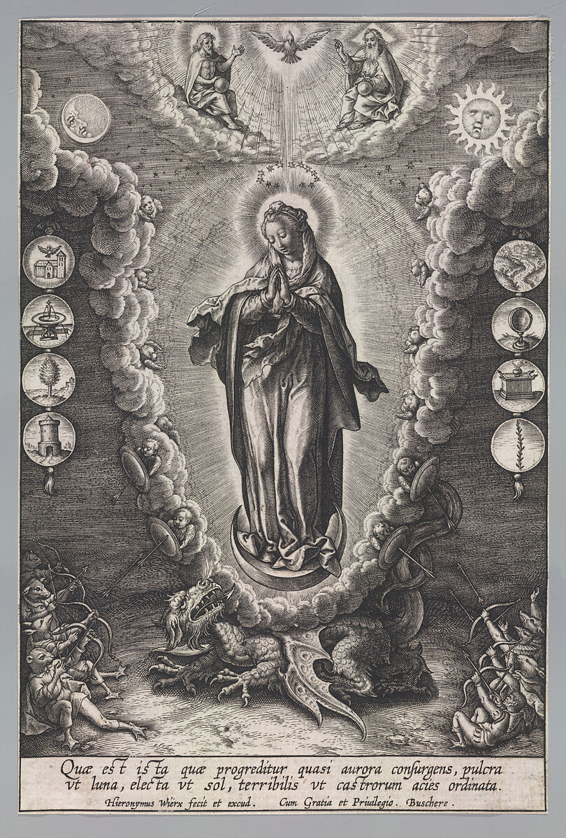 The Virgin with the Symbols of the Lauretanian Litany, Hieronymus (Jerome) Wierix (Netherlandish, ca. 1553–1619 Antwerp), Engraving; second state of two