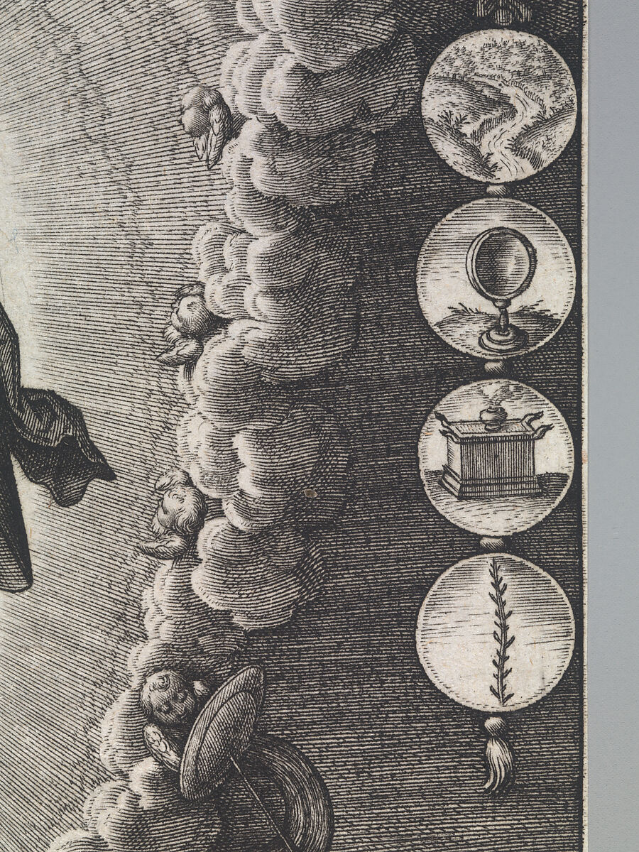 The Virgin with the Symbols of the Lauretanian Litany, Hieronymus (Jerome) Wierix (Netherlandish, ca. 1553–1619 Antwerp), Engraving; second state of two