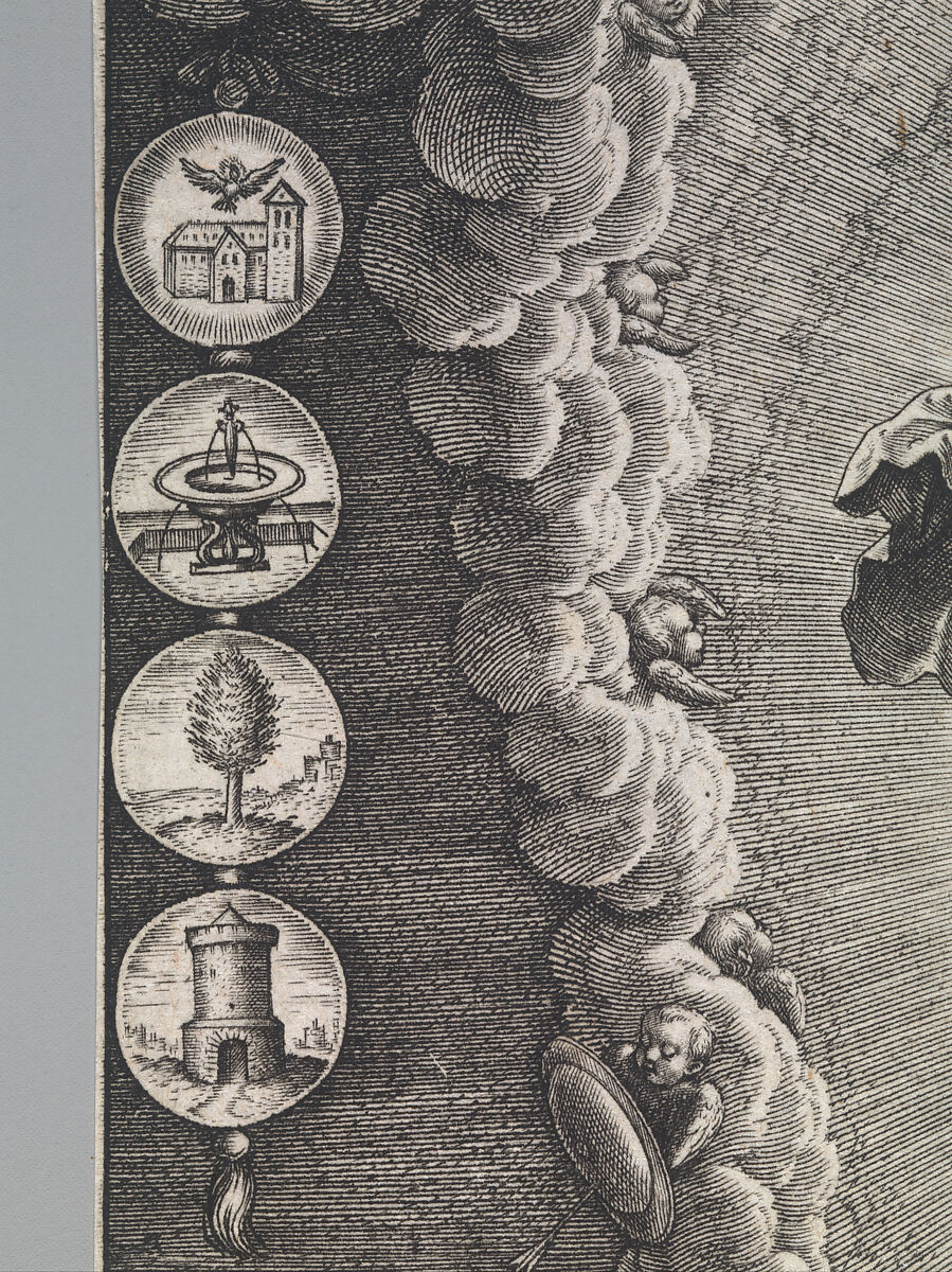 The Virgin with the Symbols of the Lauretanian Litany, Hieronymus (Jerome) Wierix (Netherlandish, ca. 1553–1619 Antwerp), Engraving; second state of two
