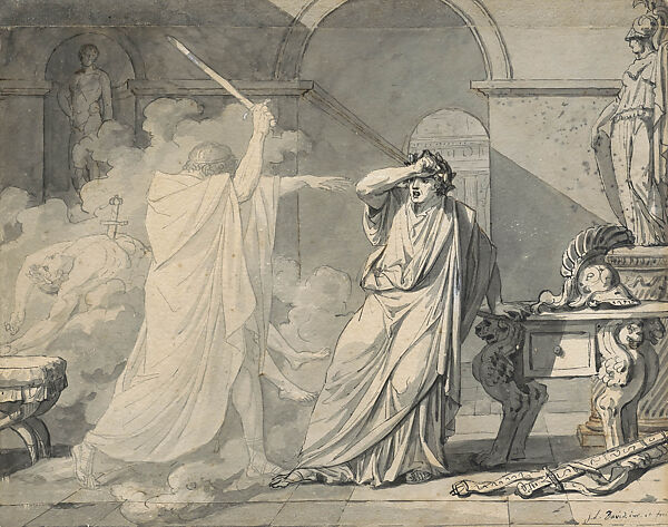 The Ghost of Septimius Severus Appearing to Caracalla after the Murder of His Brother Geta, Jacques Louis David  French, Pen and gray and brown ink, brush and gray wash, over black chalk, heightened with touches of white, with strips of paper added along the upper and lower margins