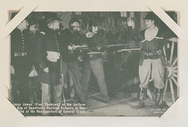 Jesse James (Fred Thomson) in the Uniform of One of Quantrell's Partisan Rangers, is Discovered at the Headquarters of General Grant from Western Stars or Scenes Exhibit Cards series (W412), Exhibit Supply Company, Commercial color photolithograph 