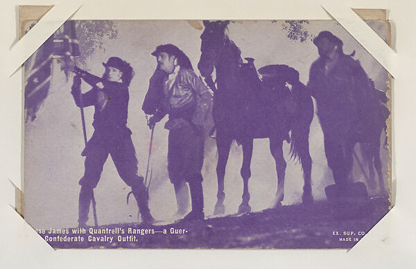 Jesse James with Quantrell's Rangers -- a Guerrila Confederate Cavalry Outfit from Western Stars or Scenes Exhibit Cards series (W412), Exhibit Supply Company, Commercial color photolithograph 