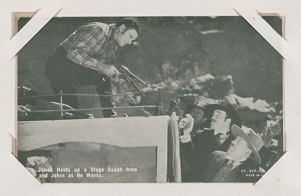 Jesse James Holds up a Stage Coach from above and Jokes as He Works from Western Stars or Scenes Exhibit Cards series (W412), Exhibit Supply Company, Commercial color photolithograph 