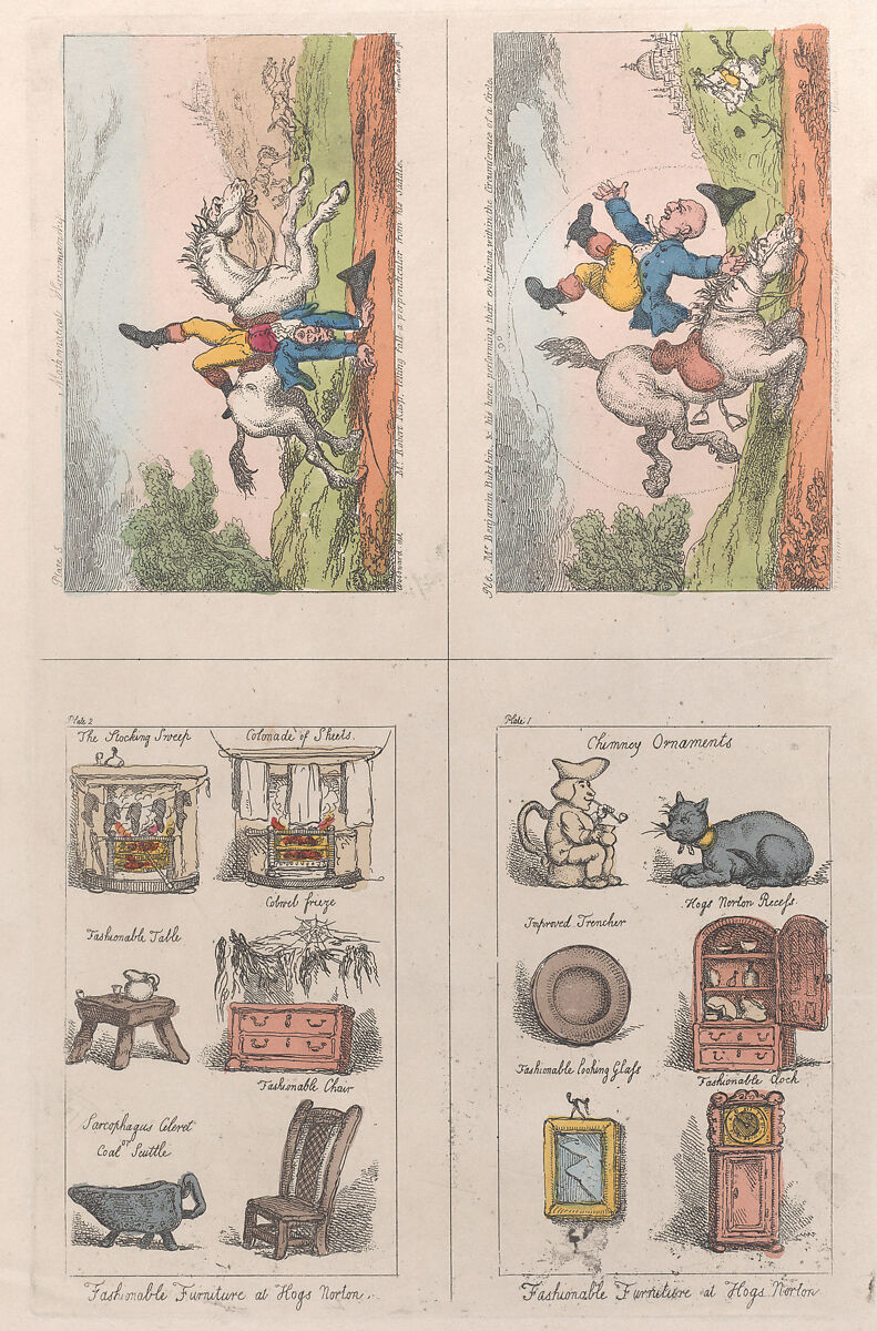 Fashionable Furniture at Hogs Norton; Mathematical Horsemanship, Thomas Rowlandson (British, London 1757–1827 London), Hand-colored etching 