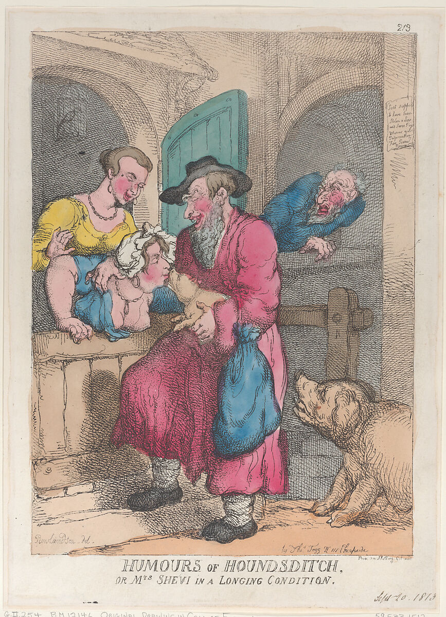 Humors of Houndsditch, or Mrs. Shevi in a Longing Condition, Thomas Rowlandson (British, London 1757–1827 London), Hand-colored etching 