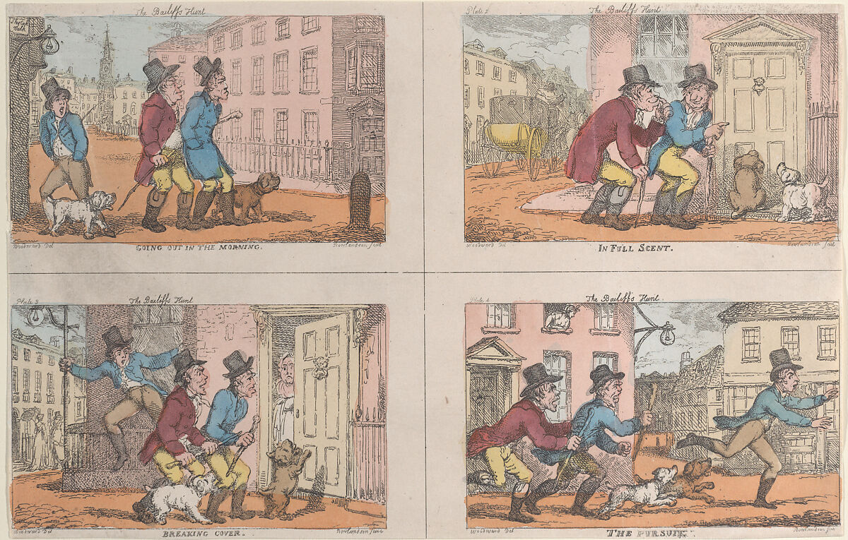 The Bailiff's Hunt: Going Out in the Morning, In Full Scent, Breaking Cover, and The Pursuit, Thomas Rowlandson (British, London 1757–1827 London), Hand-colored etching 